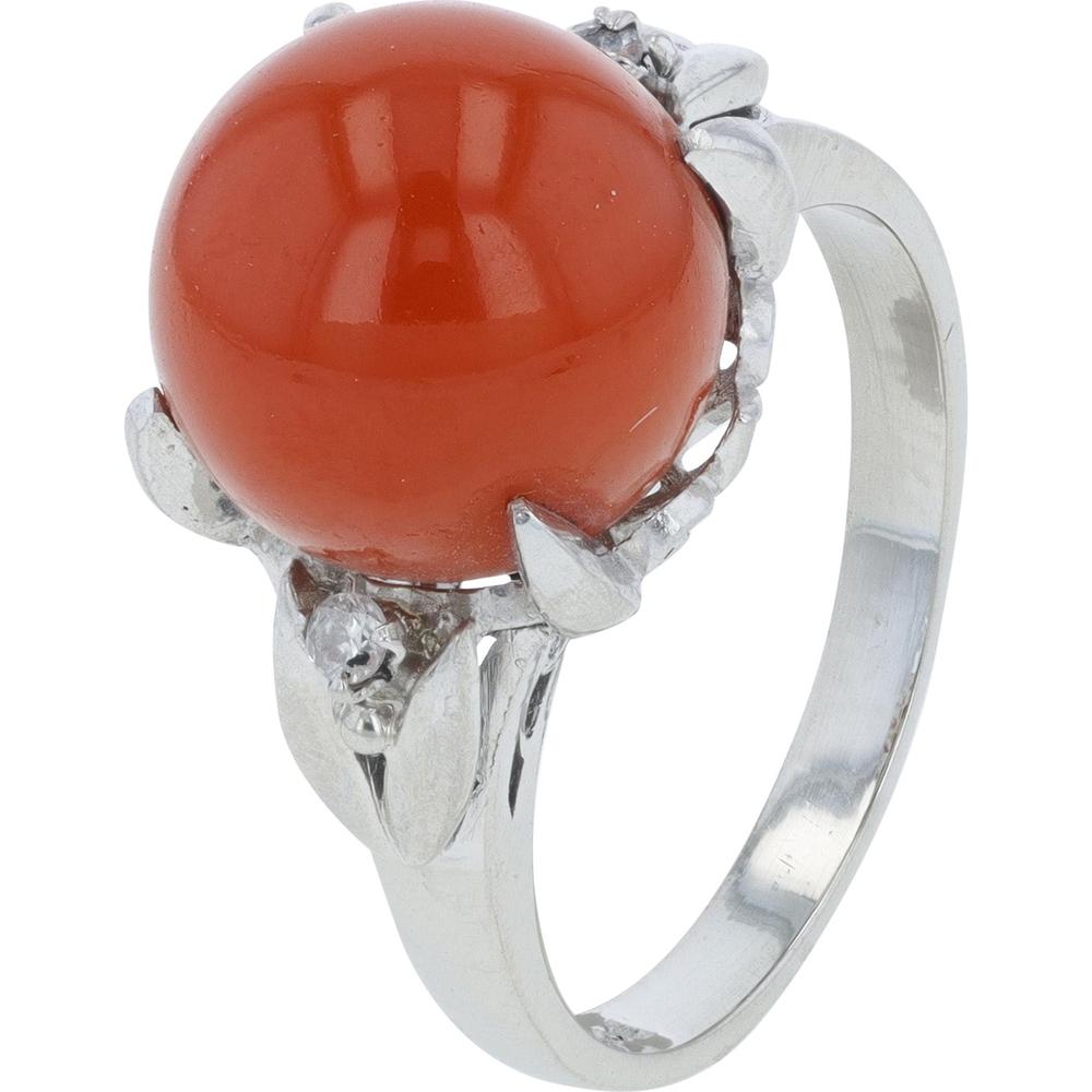 Platinum 10.5mm Coral Ring with Diamond Accents - 0.04 Carat Total Diamond Weight