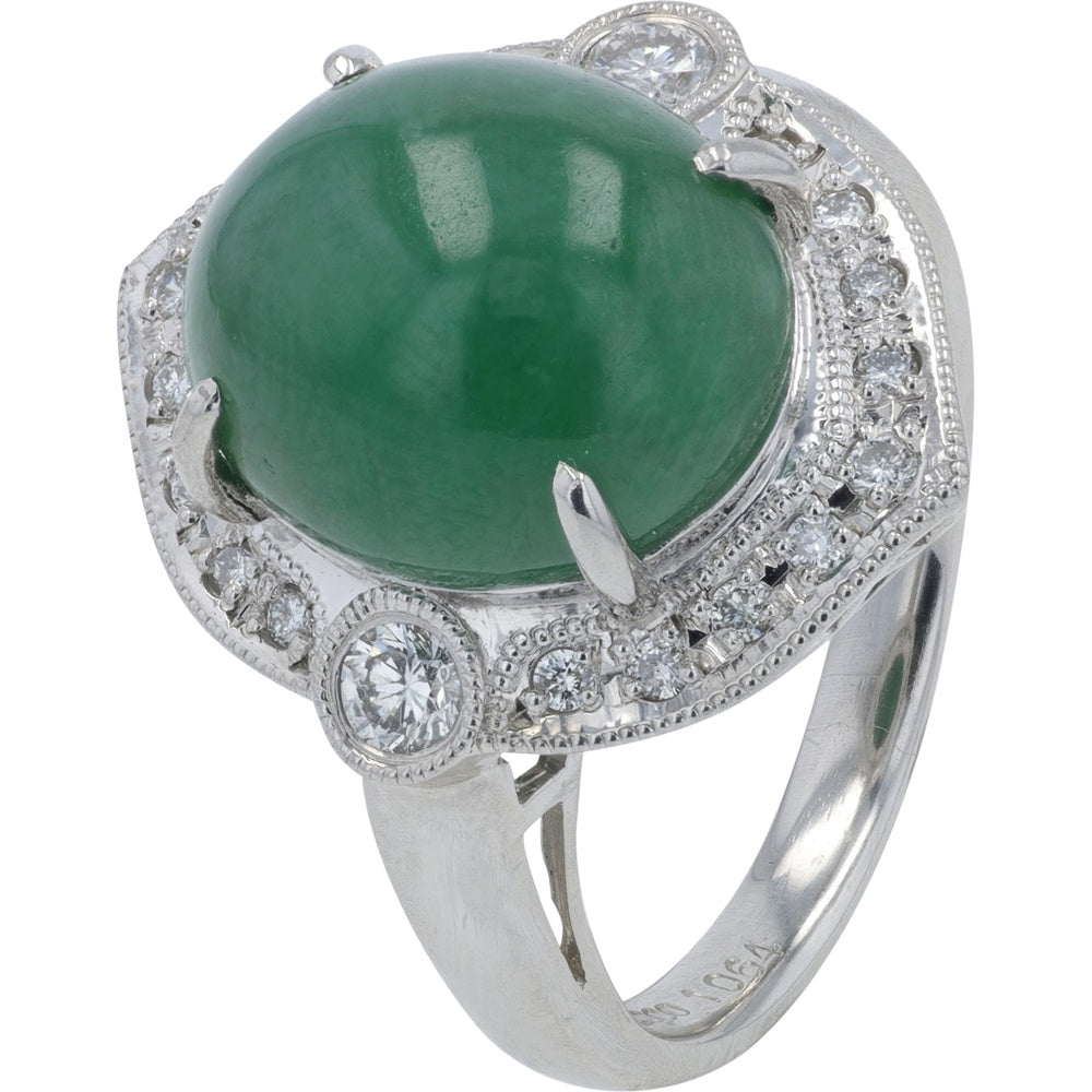 Platinum 10.64 Carat Cabochon Jade Ring with 0.41 Carat Milgrain Halo Diamonds