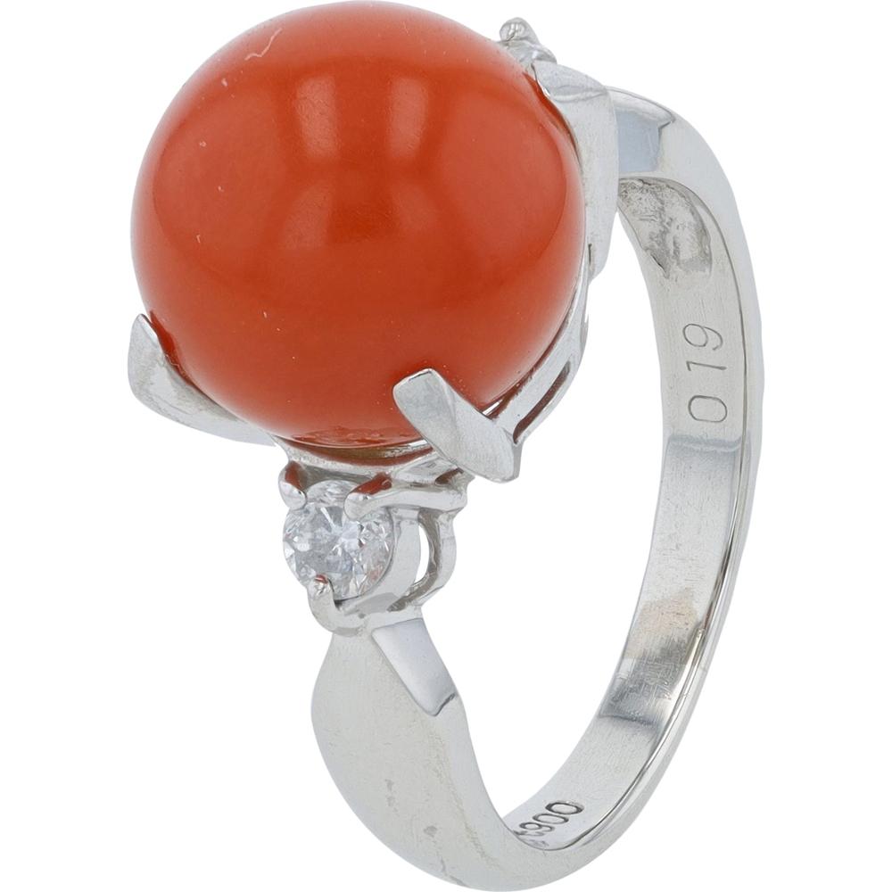 Platinum 10.65MM Coral Bead Center Ring with 0.19 Carat Diamond Accents