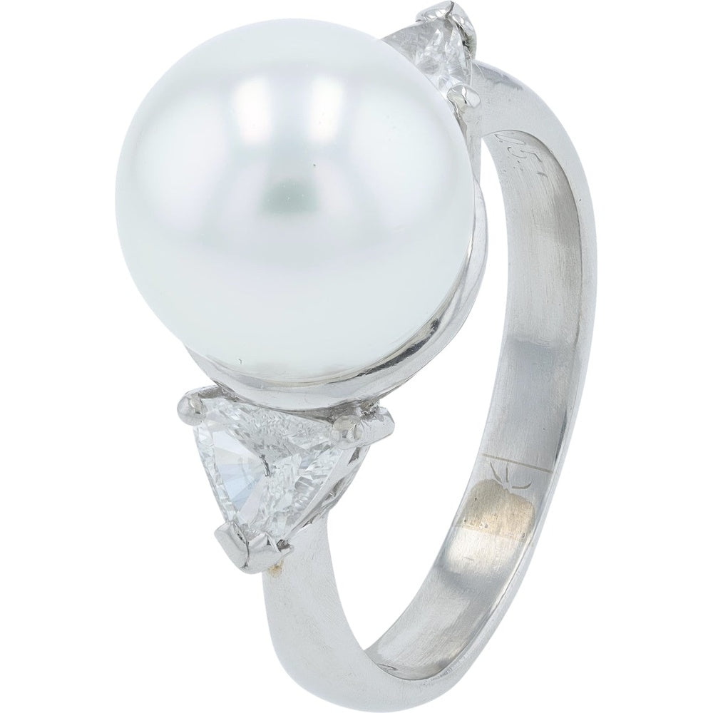 Platinum 10.7mm Pearl Ring with Trillion Cut Side Diamonds - 0.54 Carat Total Diamond Weight