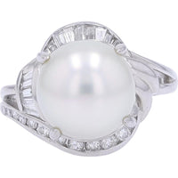 Platinum 10.95MM Pearl Ring with 0.46 Carat Total Baguette and Round Diamonds