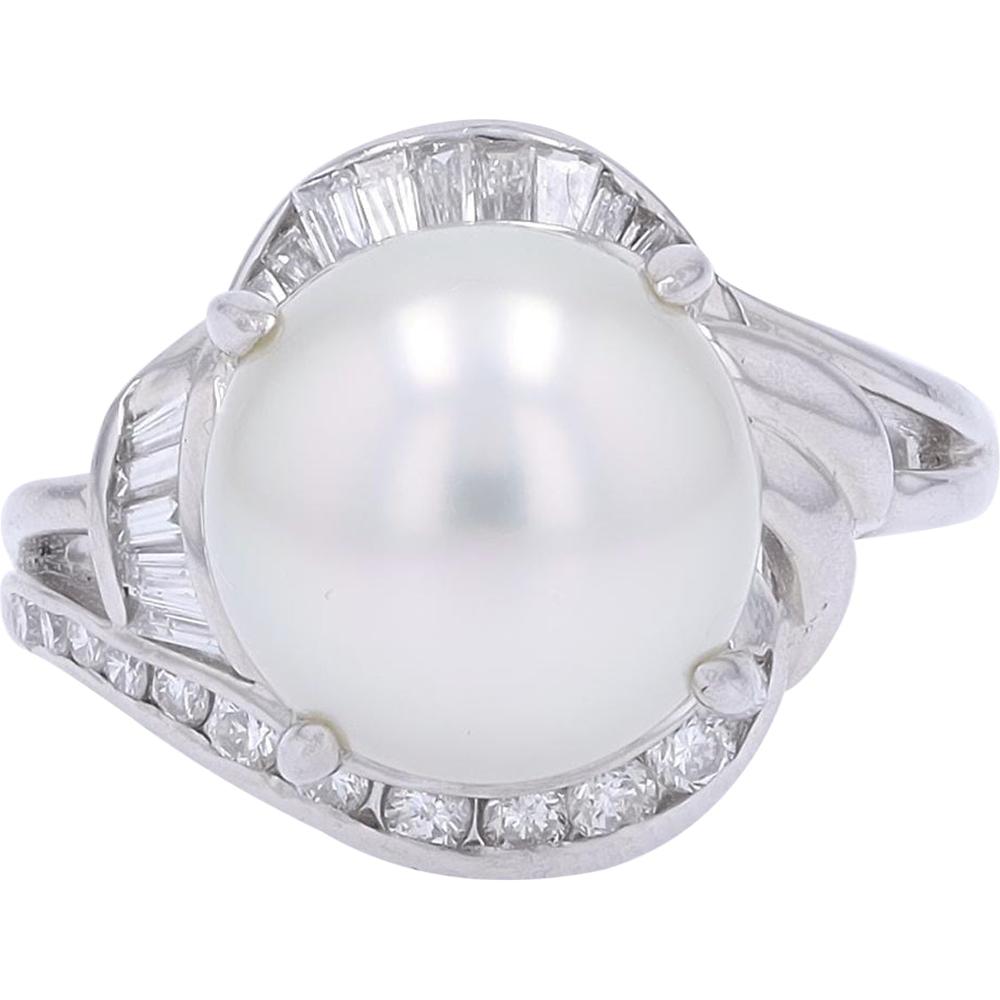 Platinum 10.95MM Pearl Ring with 0.46 Carat Total Baguette and Round Diamonds