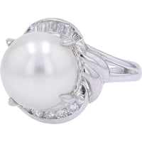 Platinum 10.95MM Pearl Ring with 0.46 Carat Total Baguette and Round Diamonds