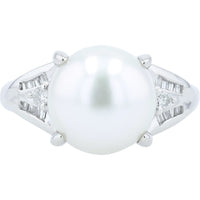Platinum 11.2mm Pearl Ring with Round and Baguette Diamond Accents - 0.22 Carat Total Diamond Weight