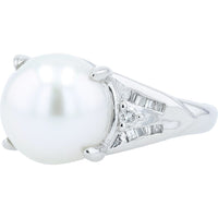Platinum 11.2mm Pearl Ring with Round and Baguette Diamond Accents - 0.22 Carat Total Diamond Weight