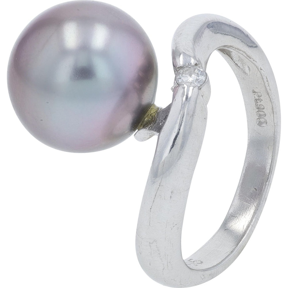 Platinum 11.2mm Tahitian Pearl Ring with Brilliant Diamond Accent - 0.05 Carat Total Diamond Weight