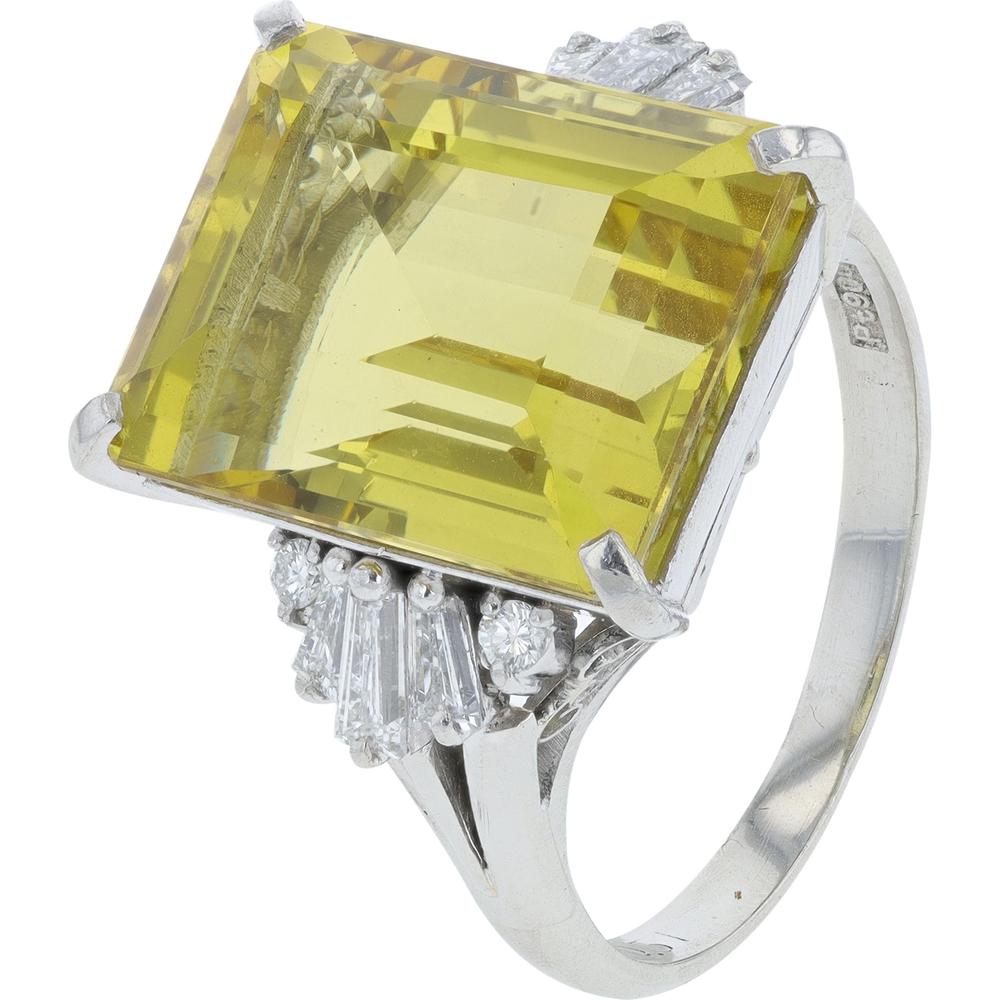 Platinum 11.38 Carats Yellow Beryl Ring with 0.51 Carats Diamond Accents