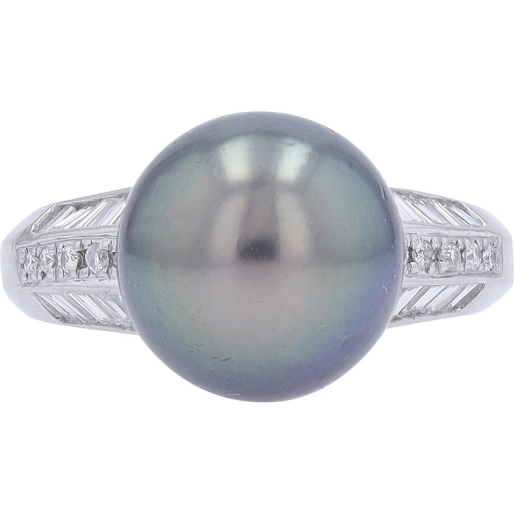 Platinum 11.4MM Tahitian Pearl Ring with Diamond Accents - 0.55 Carat Total Diamond Weight