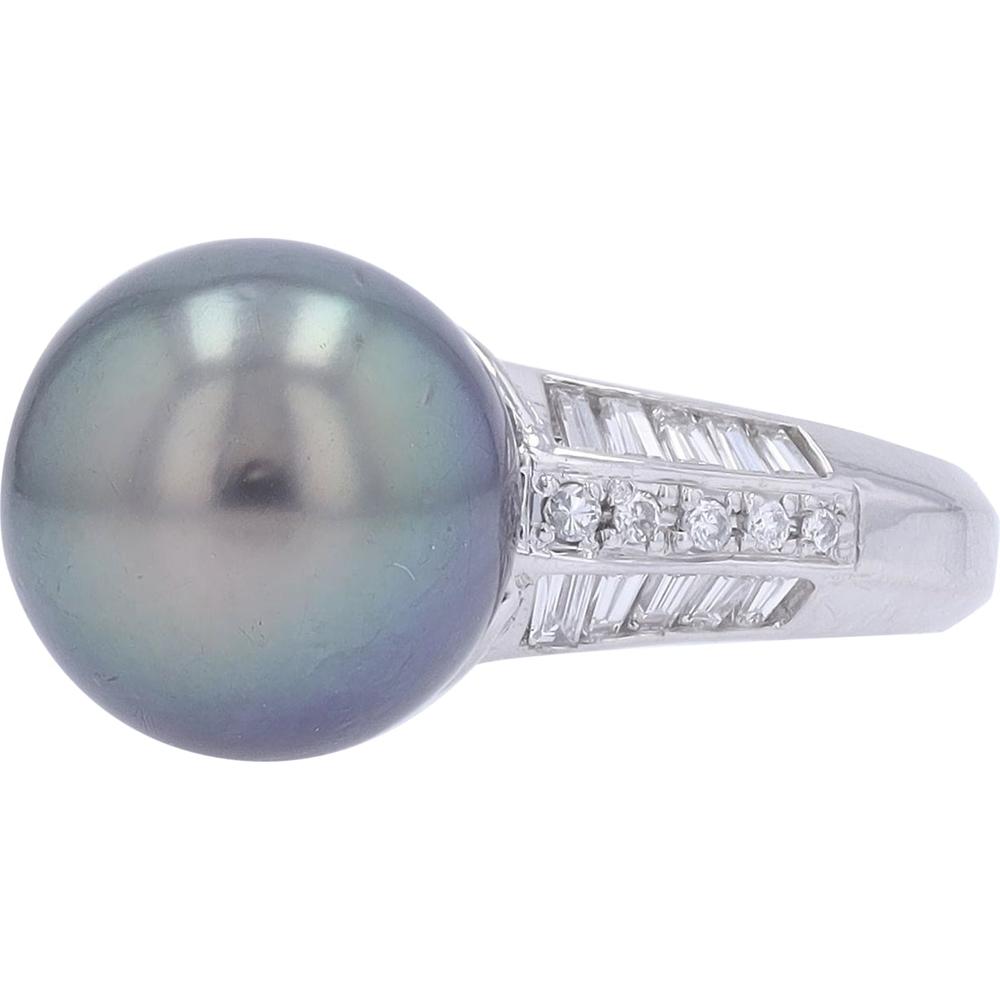 Platinum 11.4MM Tahitian Pearl Ring with Diamond Accents - 0.55 Carat Total Diamond Weight