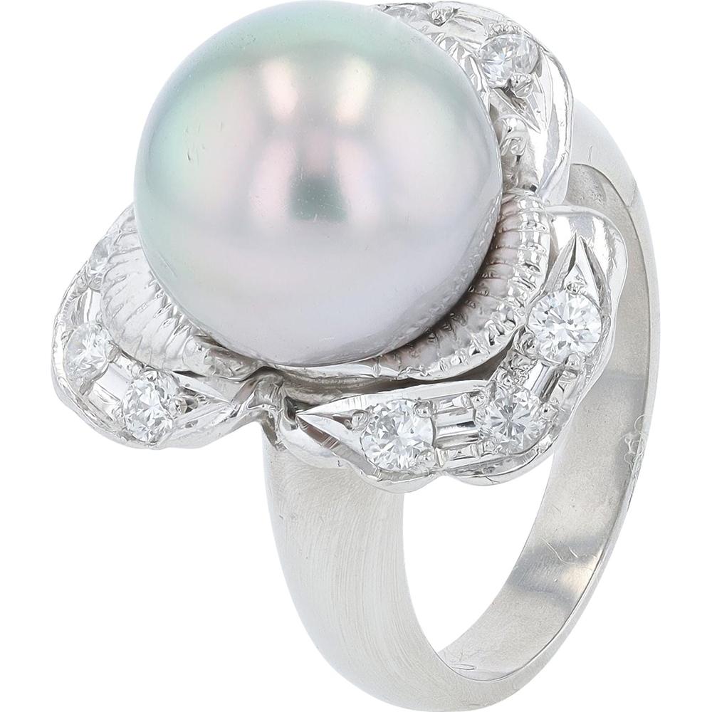 Platinum 11.5MM Tahitian Pearl Ring with 0.45 Carat Diamond Accents