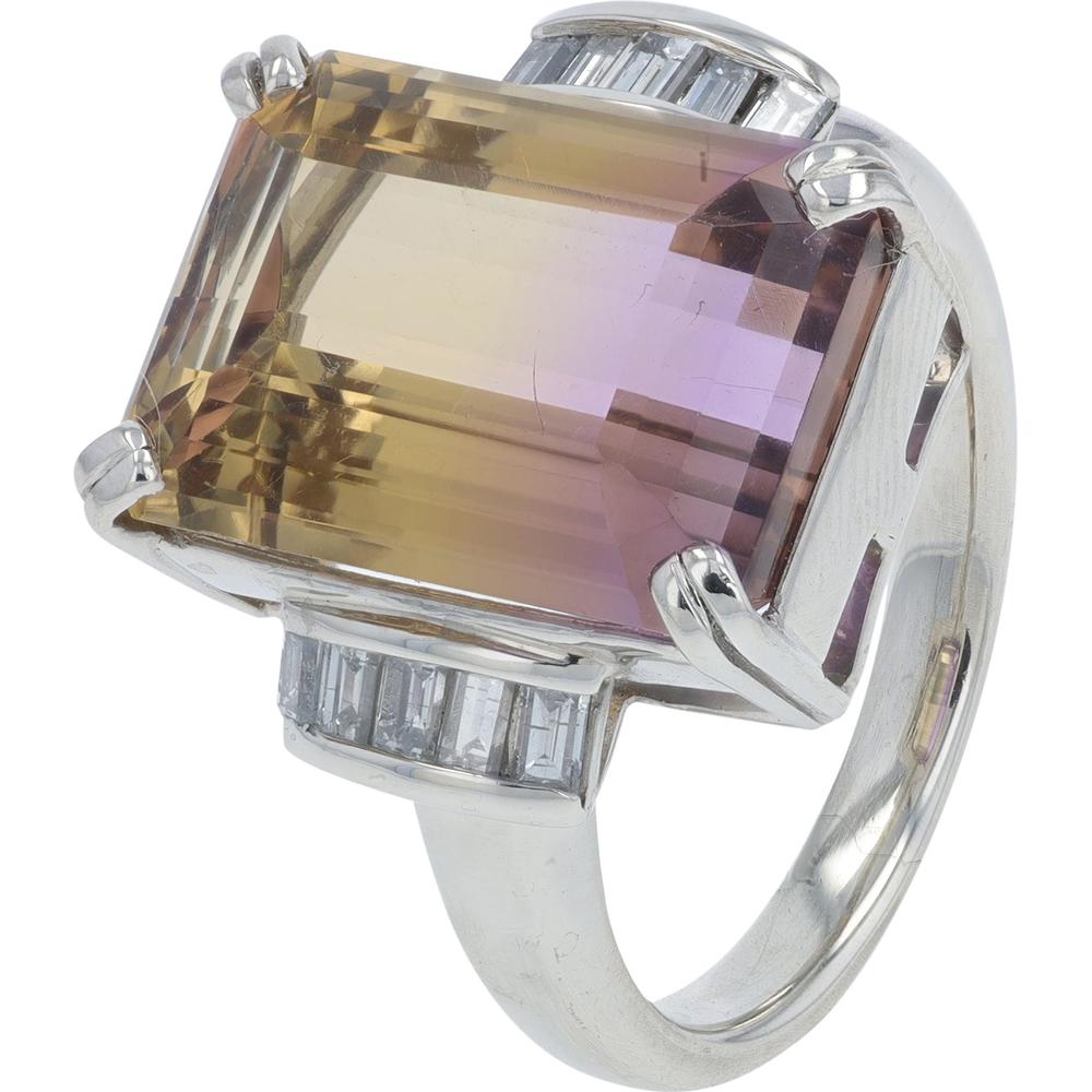 Platinum 11.69 Carat Emerald - Cut Ametrine Ring with 0.512 Carat Baguette Diamonds