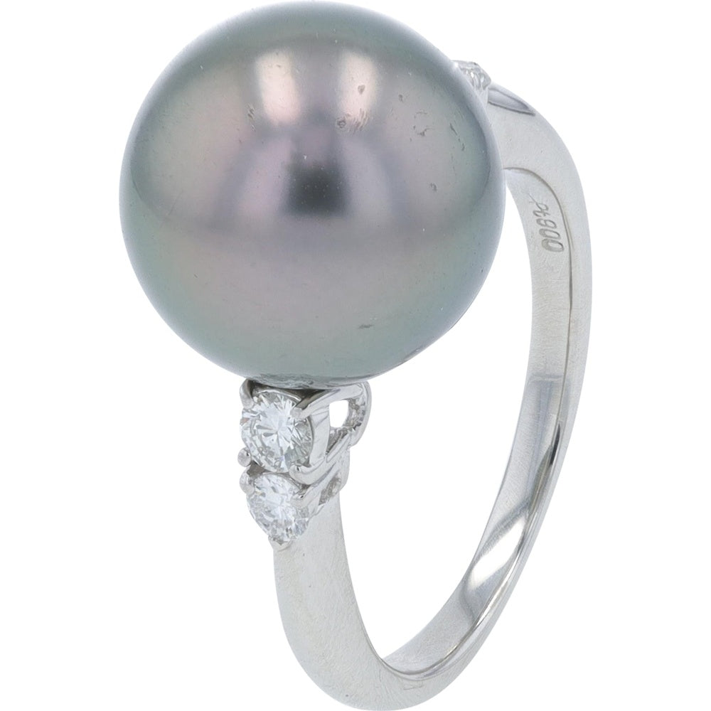 Platinum 11.6mm Grey Cultured Pearl Ring with 0.20 Carat Round Diamond Accents - Size 5.5