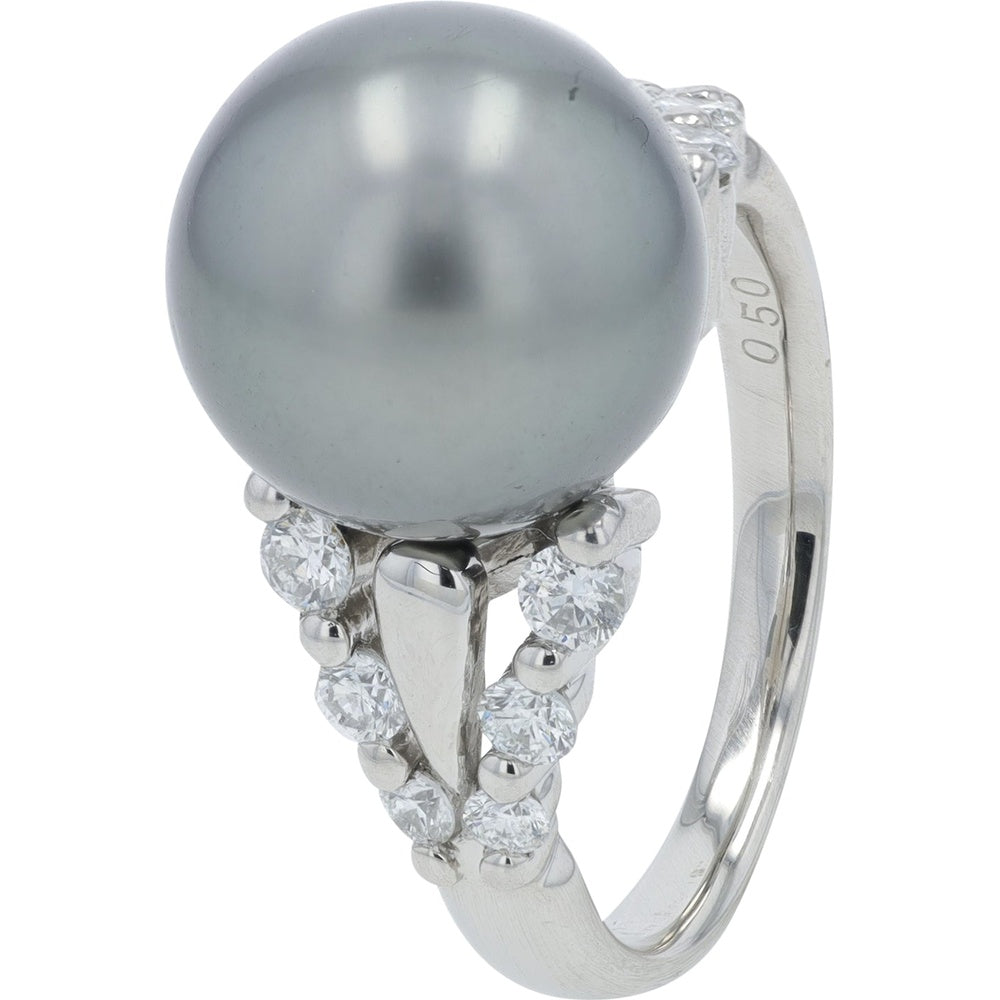 Platinum 11.6mm Tahitian Pearl Ring with Multi-Prong Set Round Diamonds - 0.50 Carat Total Diamond Weight