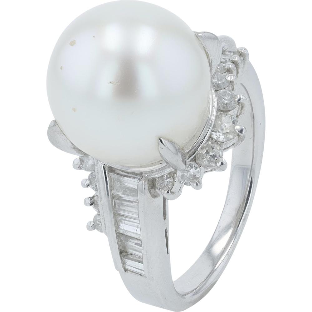Platinum 11.8 mm Pearl Ring with Diamond Halo - 0.87 Carat Total Diamond Weight