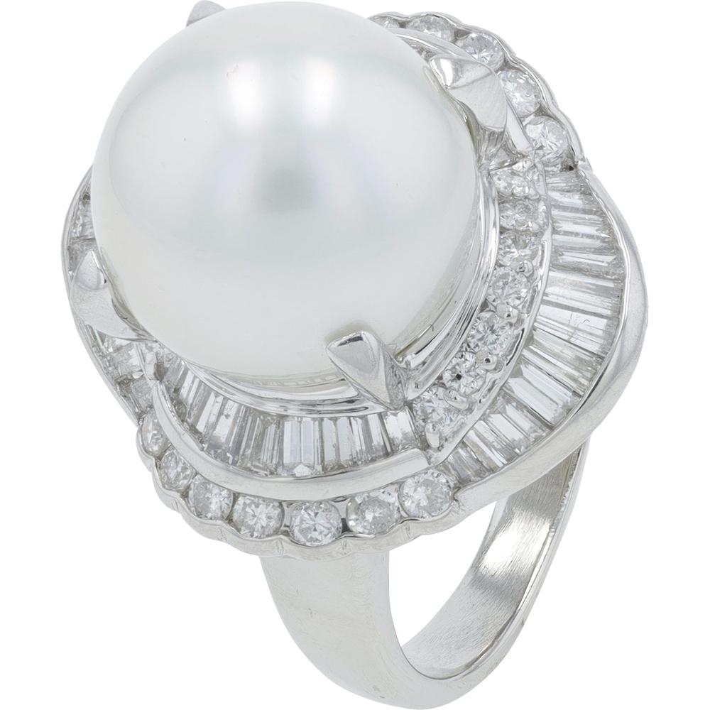 Platinum 11.8mm Pearl Cocktail Ring with Diamond Halo - 1.32 Carat Total Diamond Weight