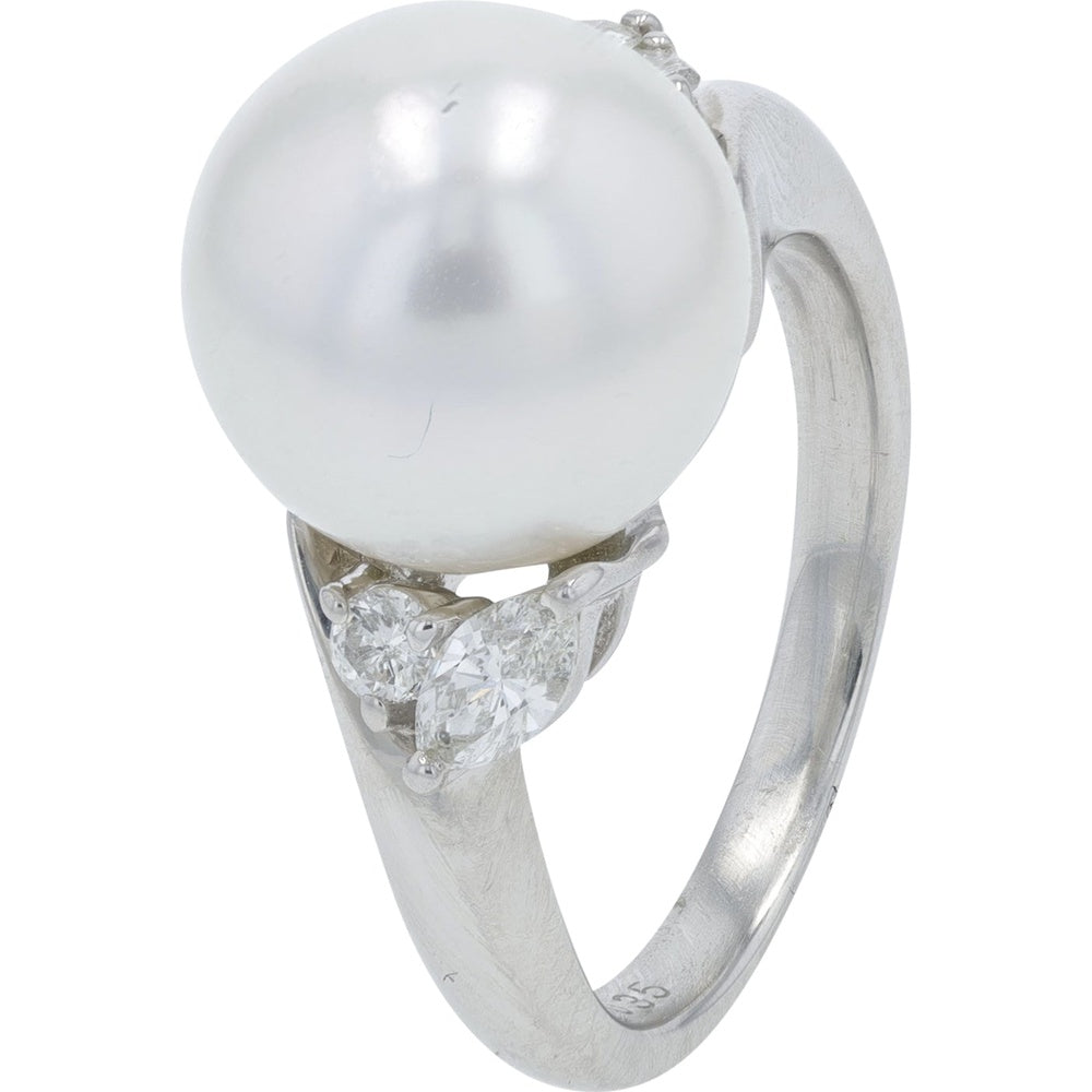 Platinum 11mm Pearl Ring with Round and Marquise Diamond Accents - 0.35 Carat Total Diamond Weight