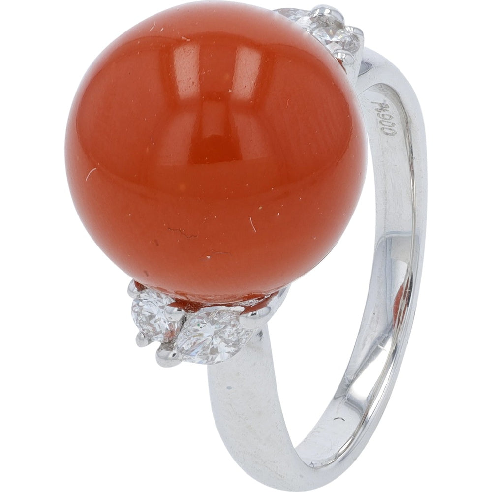 Platinum 12.3mm Round Red Coral Ring with 0.25 Carat Diamond Accents