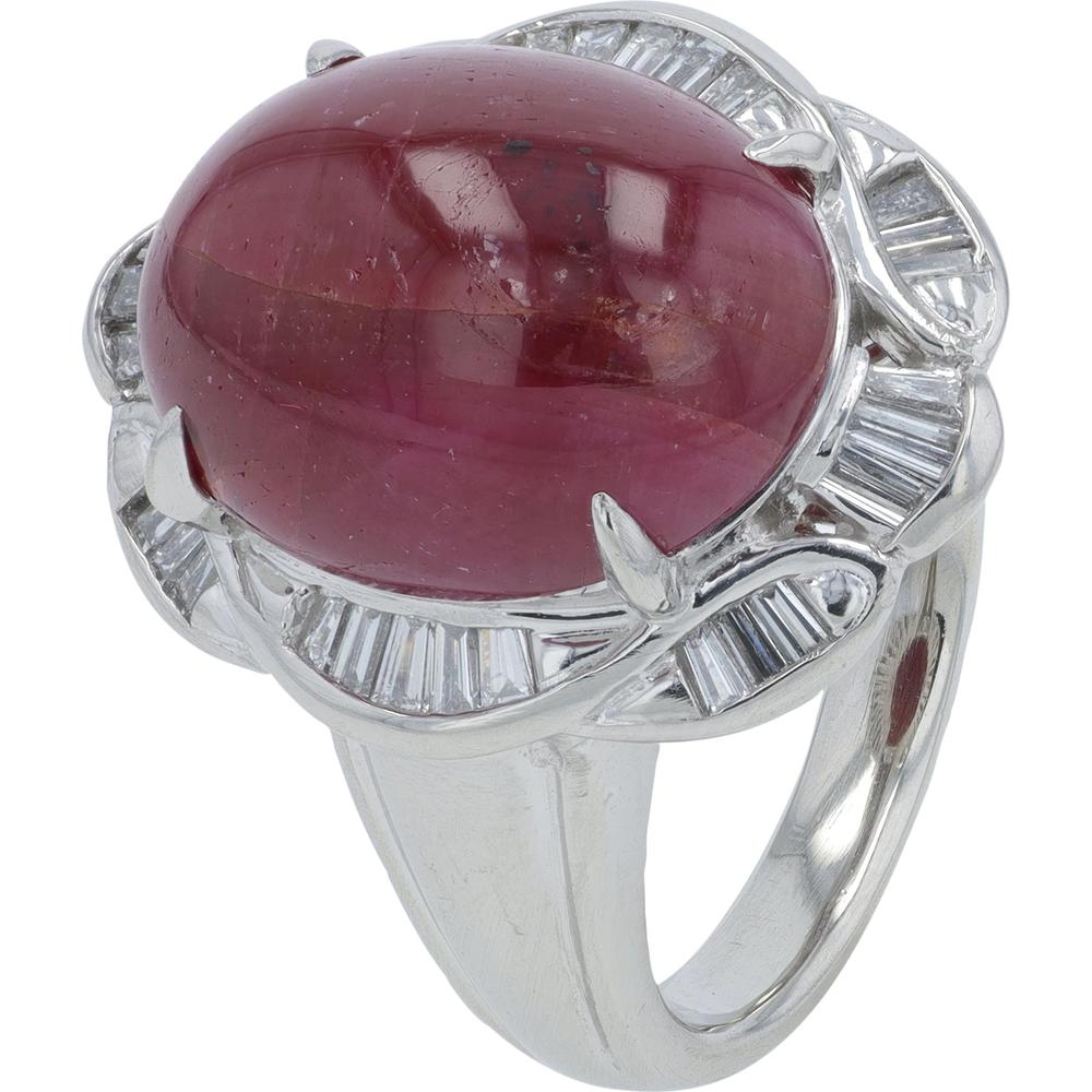 Platinum 12.52 Carat Ruby Ring with Baguette Diamonds - 0.50 Carat Total Diamond Weight