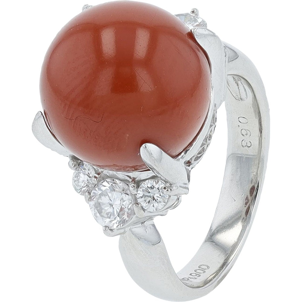Platinum 12.5mm Coral Cabochon Ring with 0.68 Carat Round Diamond Accents