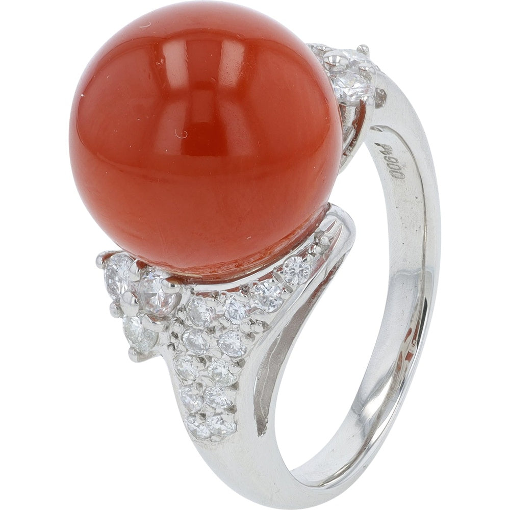 Platinum 12.5mm Round Coral Cabochon Ring with Prong-Set Round Diamond Accents - 0.59 Carat Total Diamond Weight