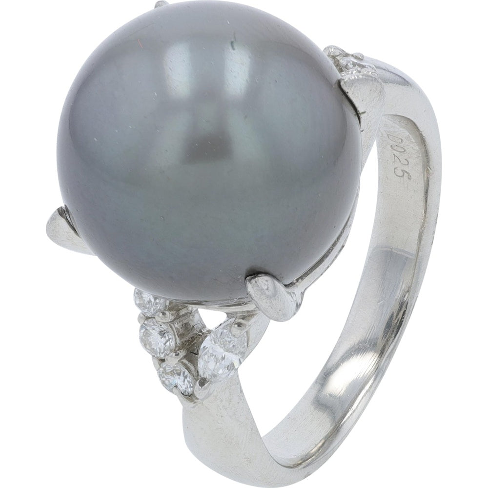 Platinum 12.5mm Tahitian Pearl Ring with 0.25 Carat Round Diamond Accents - Size 4.75