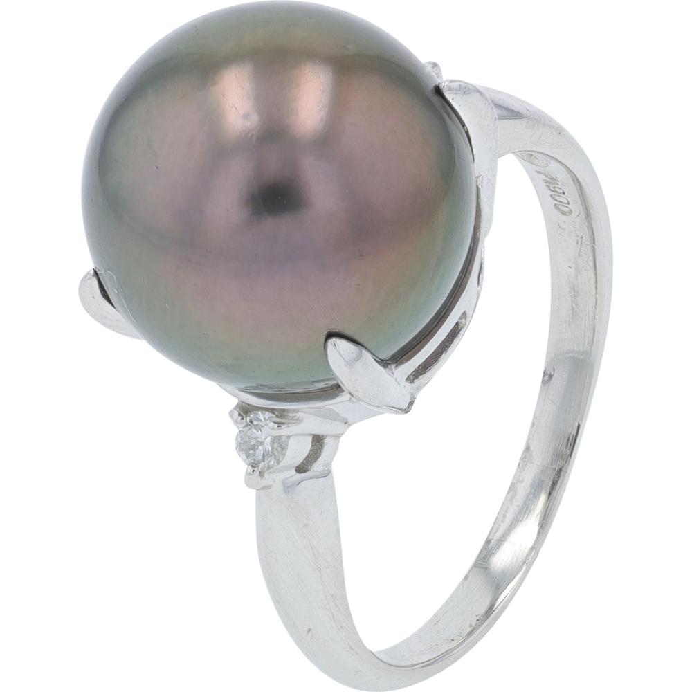 Platinum 12.5mm Tahitian Pearl Ring with Diamond Accent - 0.06 Carat Total Diamond Weight