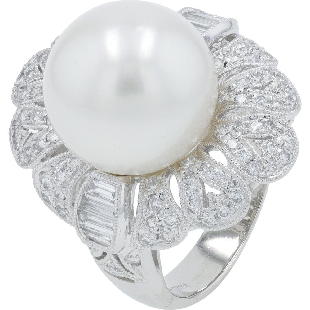 Platinum 12.6mm Pearl Cocktail Ring with 0.99 Carat Total Diamond Halo