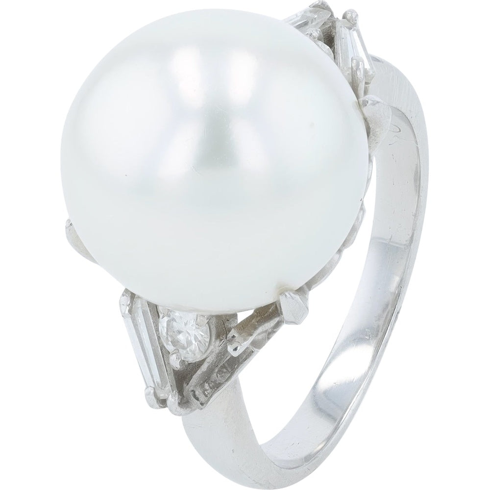 Platinum 12.9mm Pearl Ring with Baguette and Round Diamond Accents - 0.41 Carat Total Diamond Weight