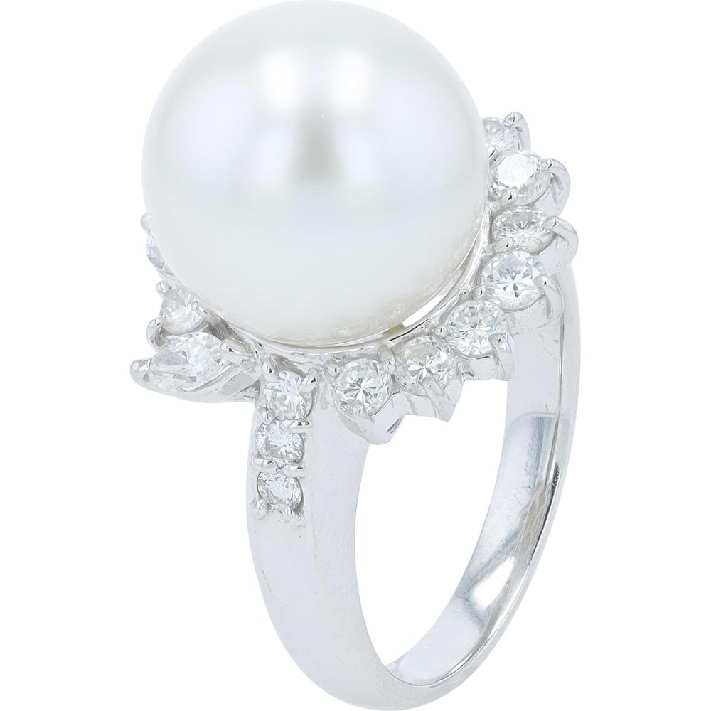 Platinum 12MM Pearl Center Ring with Diamond Halo - 0.75 Carat Total Diamond Weight