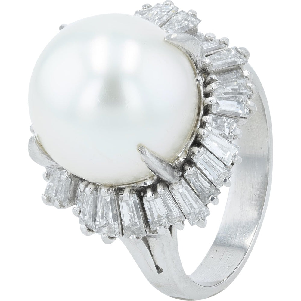 Platinum 12mm Pearl Cocktail Ring with Baguette Cut Diamond Halo - 1.61 Carat Total Diamond Weight