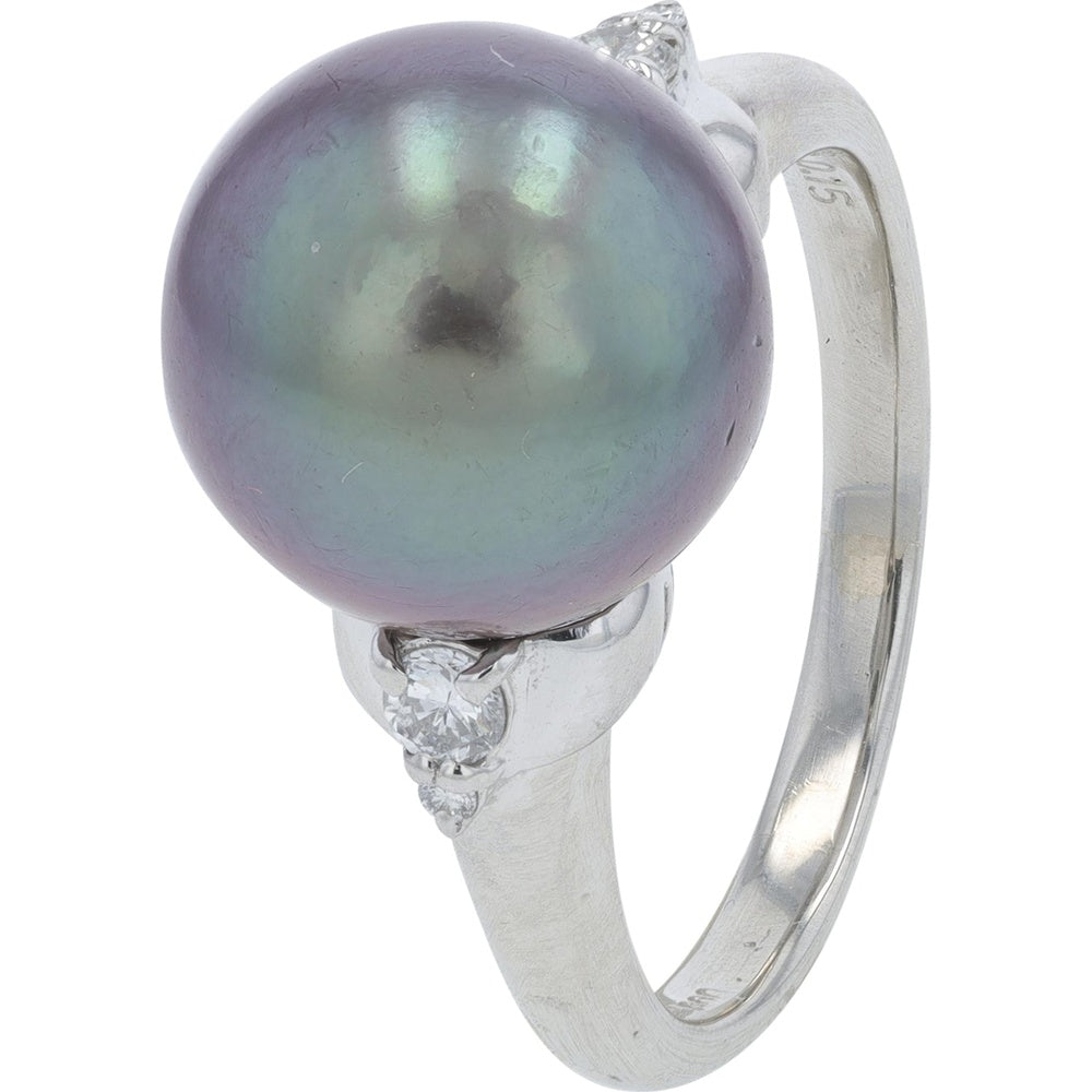 Platinum 12mm Tahitian Pearl Ring with Diamond Accents - 0.15 Carat Total Diamond Weight