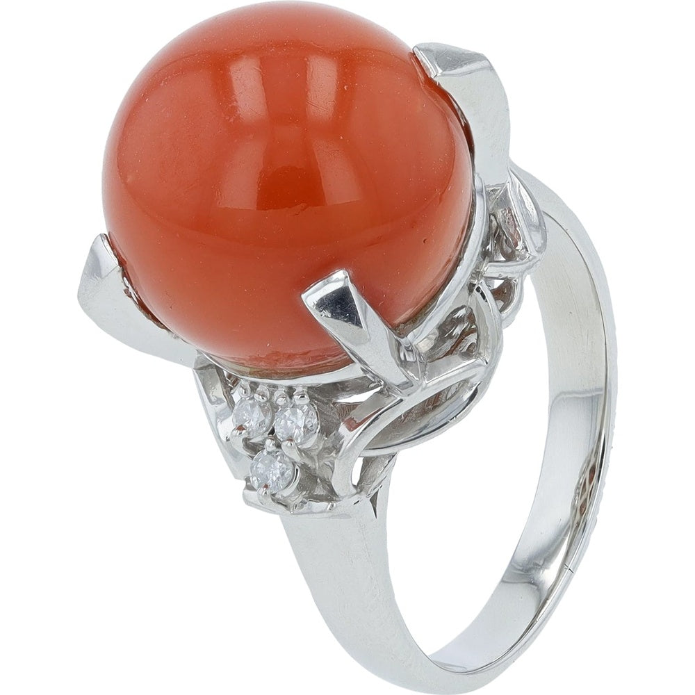 Platinum 13.2mm Round Coral Cabochon Ring with Pavé-Set Diamond Accents - 0.12 Carat Total Diamond Weight
