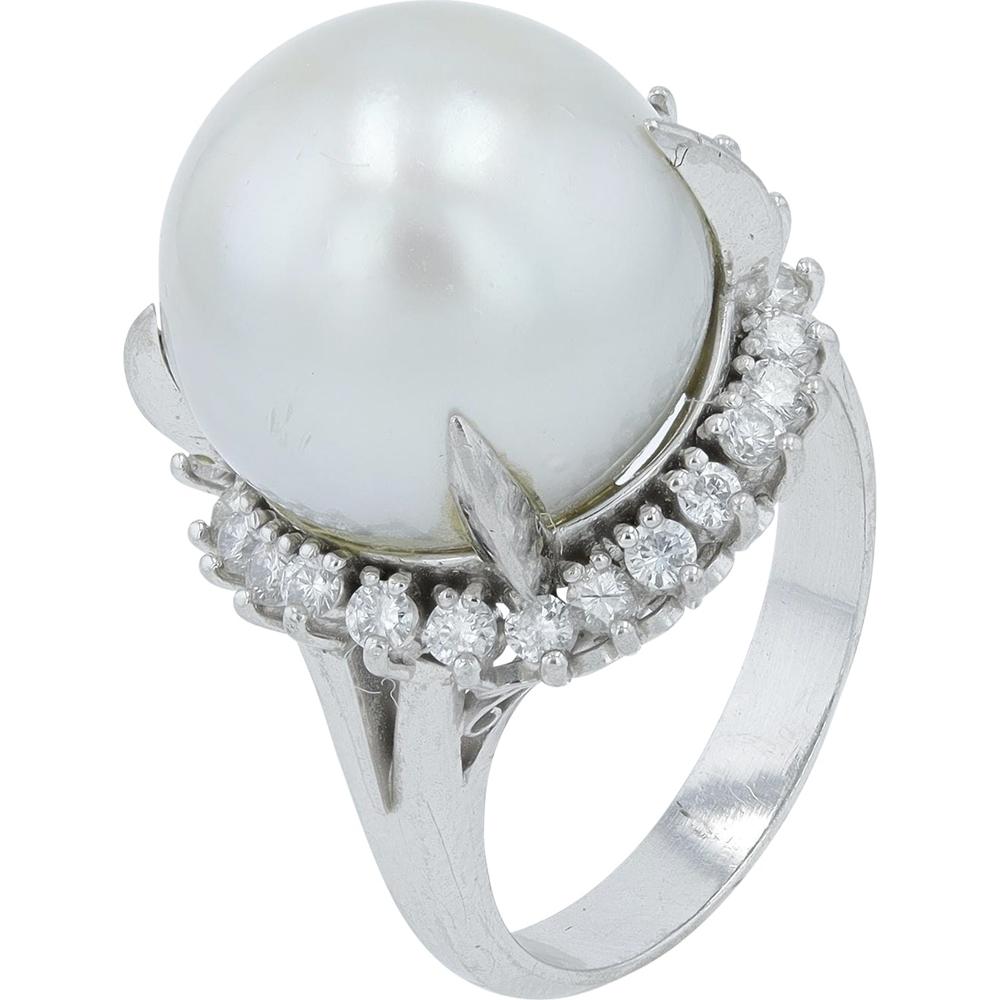 Platinum 13.6mm Pearl Ring with 0.42 Carat Total Diamond Halo