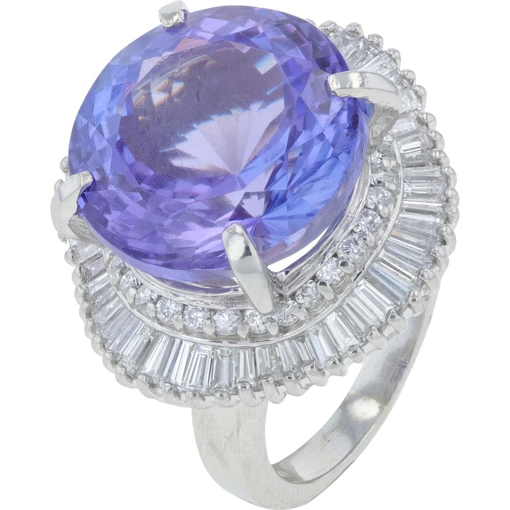 Platinum 13.83 Carat Cushion Cut Tanzanite Cocktail Ring with 1.57 Carats Diamond Halo