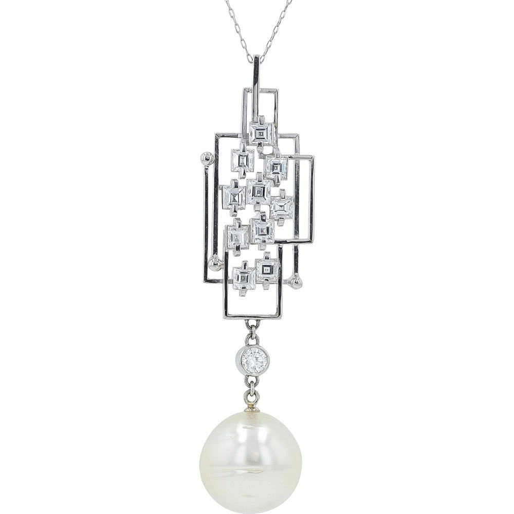 Platinum 13mm Pearl Drop Pendant with Geometric Diamond Lattice Setting - 1.20 Carat Total Diamond Weight
