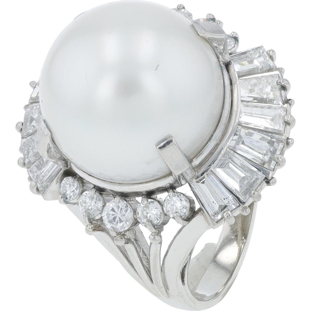 Platinum 14.2mm South Sea Pearl Ring with Graduated Diamonds - 2.28 Carat Total Diamond Weight