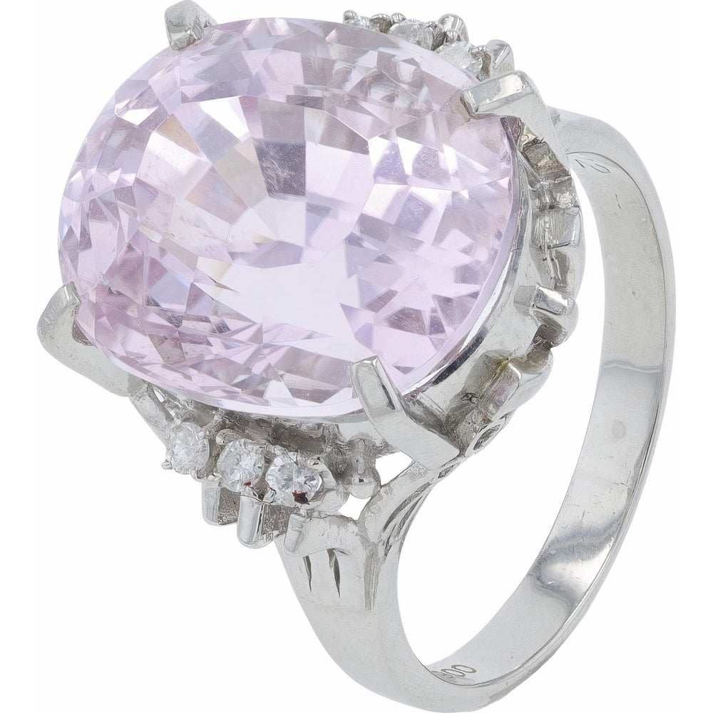 Platinum 14.32 Carat Oval Cut Kunzite Ring with Diamond Accents - 0.12 Carat Total Diamond Weight - Size 7.25