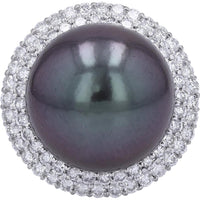 Platinum 14.6mm Tahitian Pearl Cocktail Ring with Diamond Halo - 1.00 Carat Total Diamond Weight