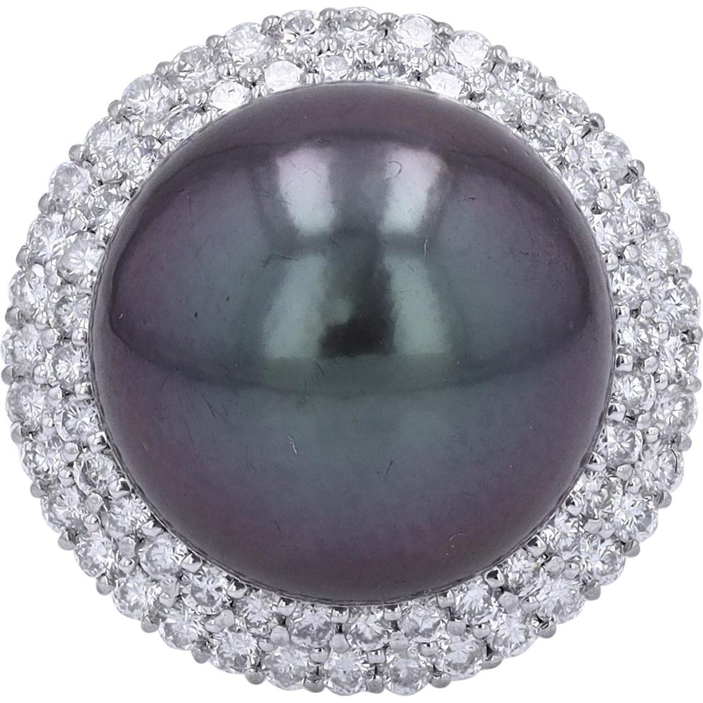 Platinum 14.6mm Tahitian Pearl Cocktail Ring with Diamond Halo - 1.00 Carat Total Diamond Weight