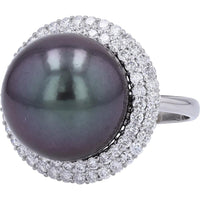 Platinum 14.6mm Tahitian Pearl Cocktail Ring with Diamond Halo - 1.00 Carat Total Diamond Weight