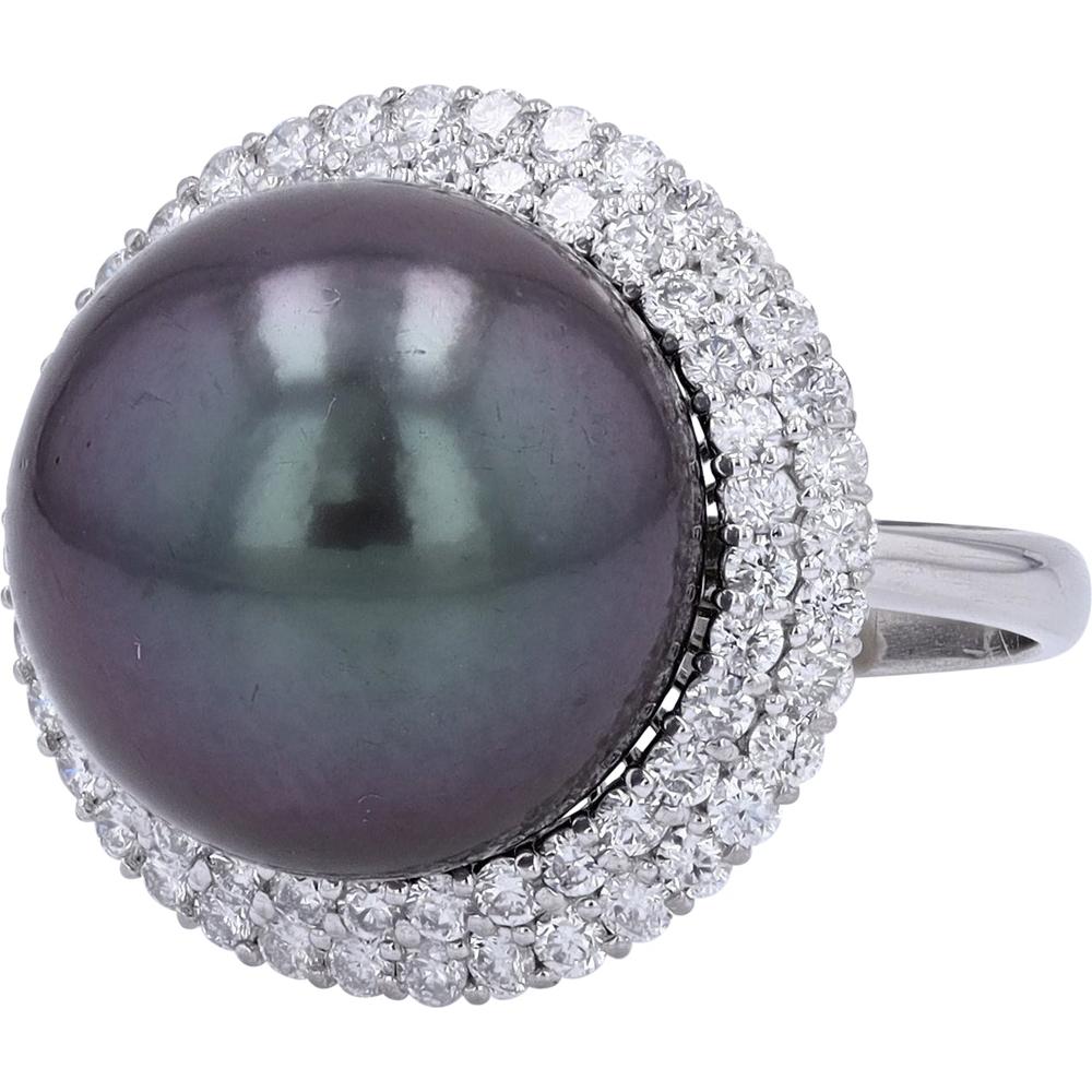 Platinum 14.6mm Tahitian Pearl Cocktail Ring with Diamond Halo - 1.00 Carat Total Diamond Weight
