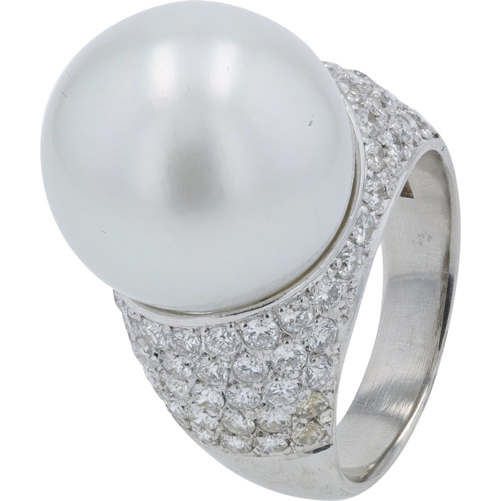 Platinum 15.1mm Pearl Ring with Pavé-Set Round Diamonds - 1.81 Carat Total Diamond Weight