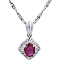 Platinum 15.5-Inch Pendant Necklace with 1.00 Carat Burma Ruby and 0.35 Carat Baguette Diamond Halo