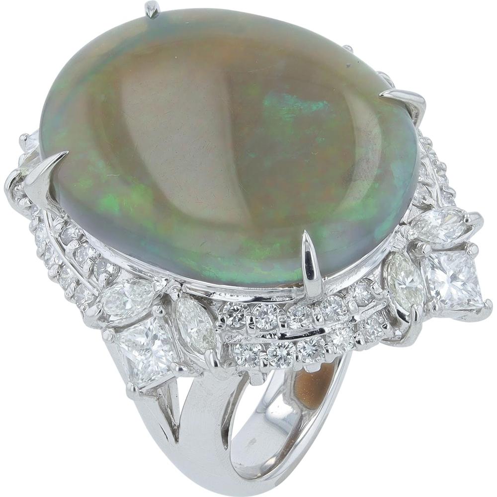 Platinum 16.29 Carat Black Opal Cocktail Ring with 2.14 Carats Diamond Accents