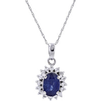 Platinum 16.5-Inch Halo Pendant Necklace with Oval Madagascar Sapphire and Round Diamonds - 1.54 Carat Sapphire and 0.18 Carat Diamond Total Weight