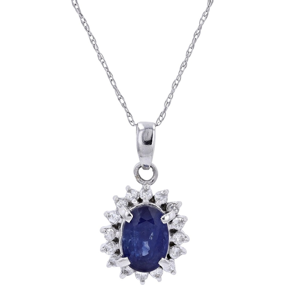 Platinum 16.5-Inch Halo Pendant Necklace with Oval Madagascar Sapphire and Round Diamonds - 1.54 Carat Sapphire and 0.18 Carat Diamond Total Weight