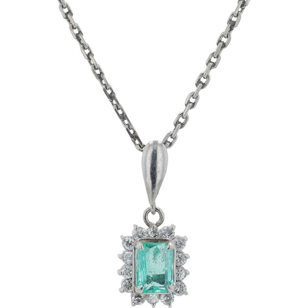 Platinum 16-Inch Cable Chain Pendant with Step-Cut Emerald and Round Diamond Halo - 0.36 Carat Total Emerald Weight and 0.19 Carat Total Diamond Weight