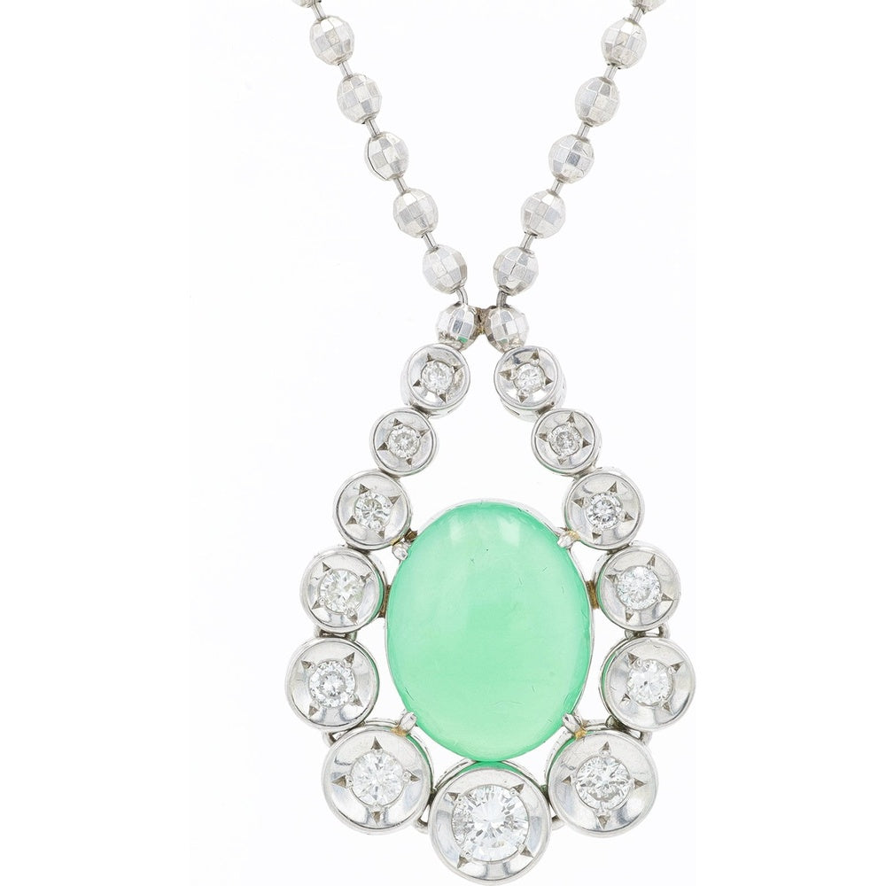 Platinum 16-Inch Pendant Necklace with 4.97-Carat Oval Cabochon Chrysoprase and 0.50-Carat Bezel-Set Diamond Halo