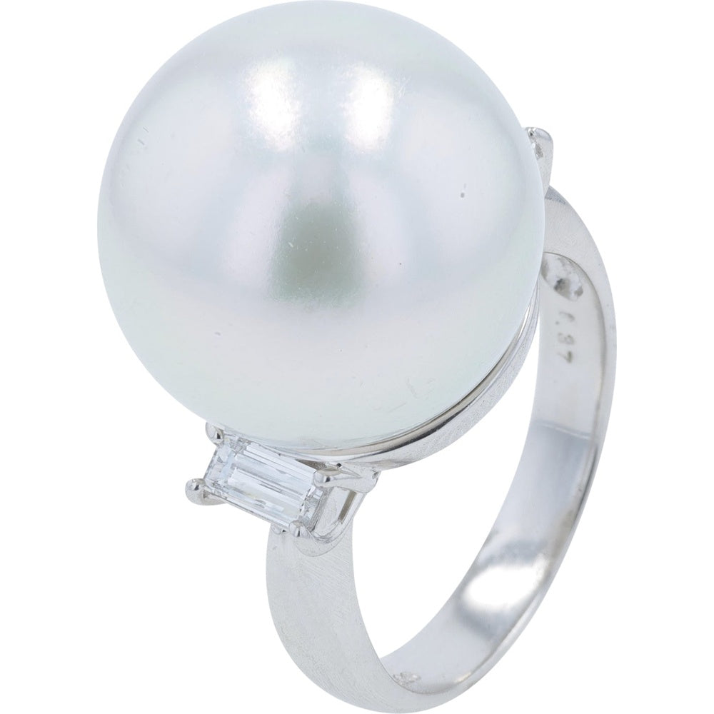 Platinum 16mm Pearl Ring with Baguette Diamond Accents - 0.37 Carat Total Diamond Weight