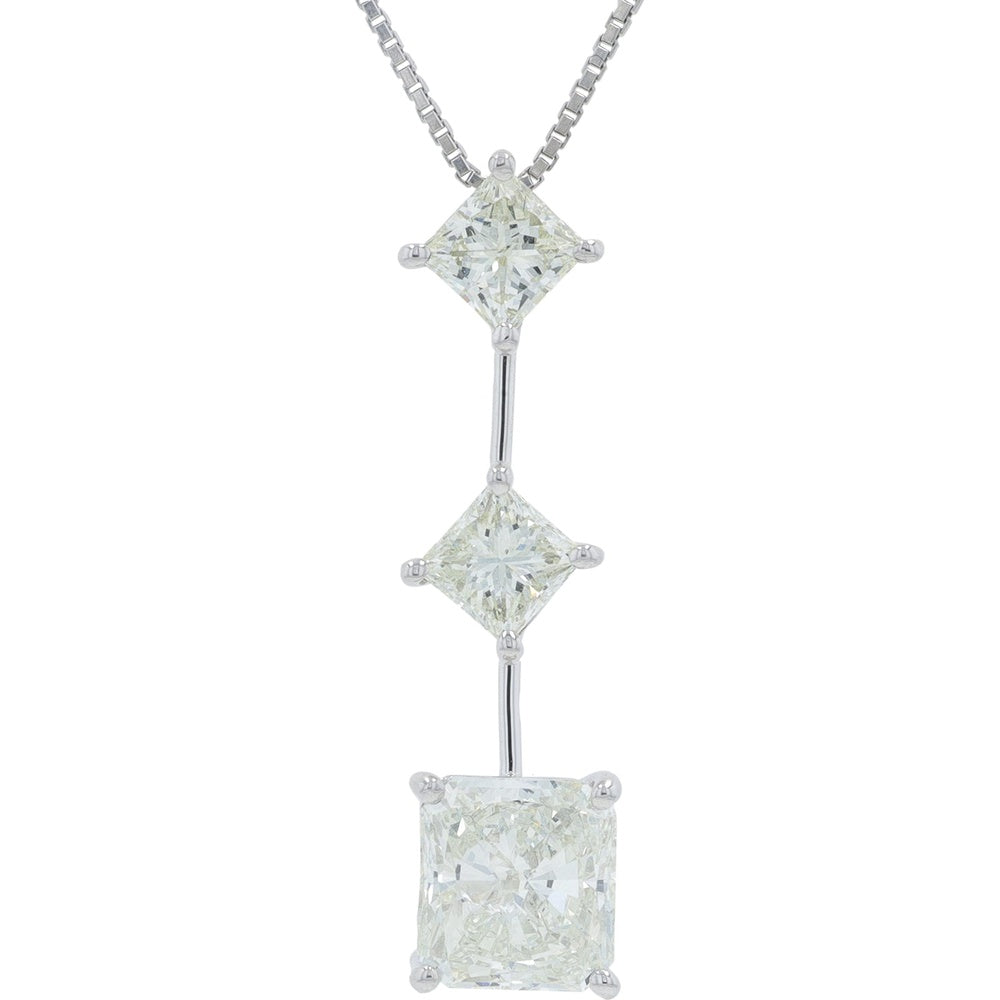 Platinum 17.5 Inch Cascading Pendant with Three Square and Radiant Cut Diamonds - 3.07 Carat Total Diamond Weight